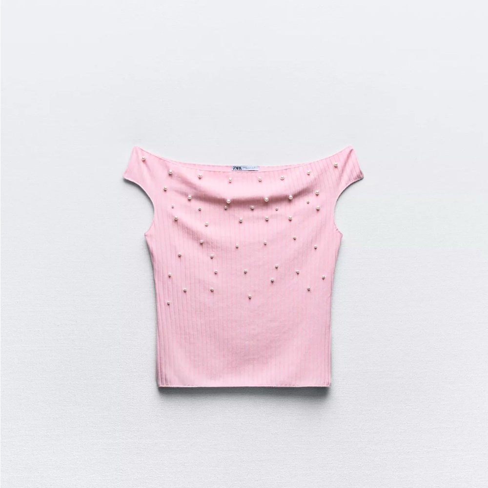 Zara Pink Off-Shoulder Women Top With Pearl Details